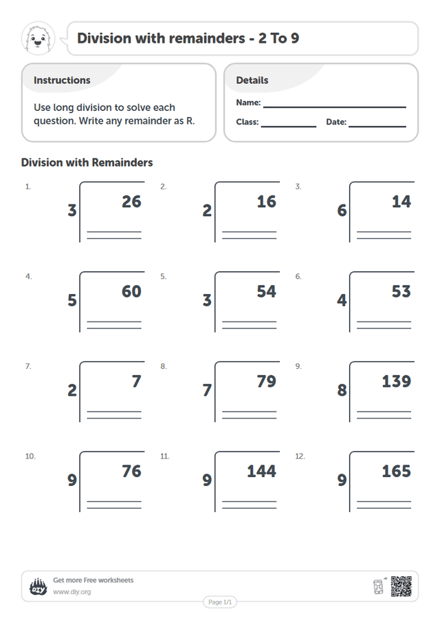 Division with remainders - 2 To 9 page 1