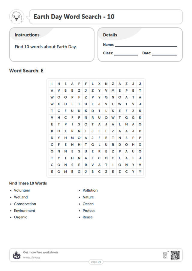 Earth Day Word Search page 1