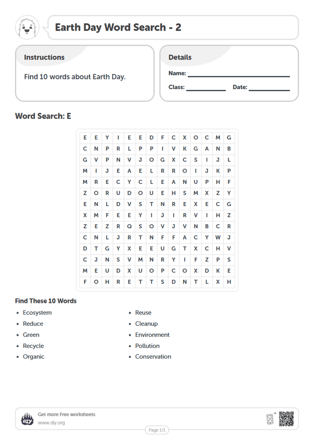 Earth Day Word Search page 1