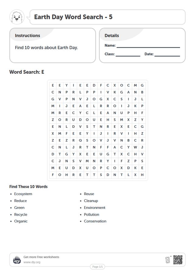 Earth Day Word Search page 1