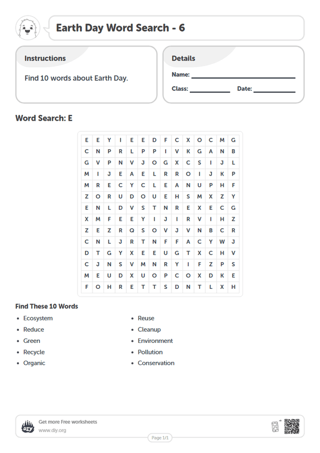 Earth Day Word Search page 1
