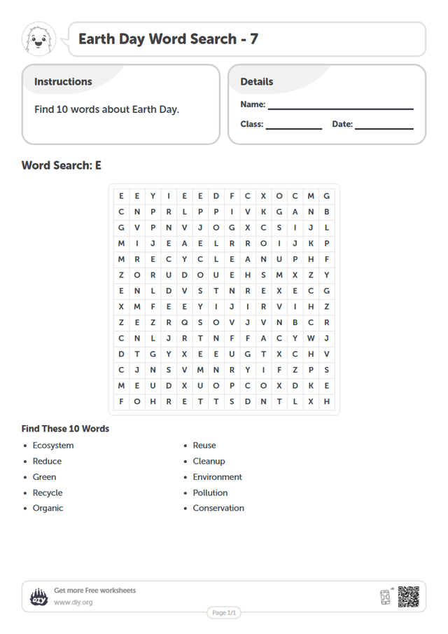 Earth Day Word Search page 1