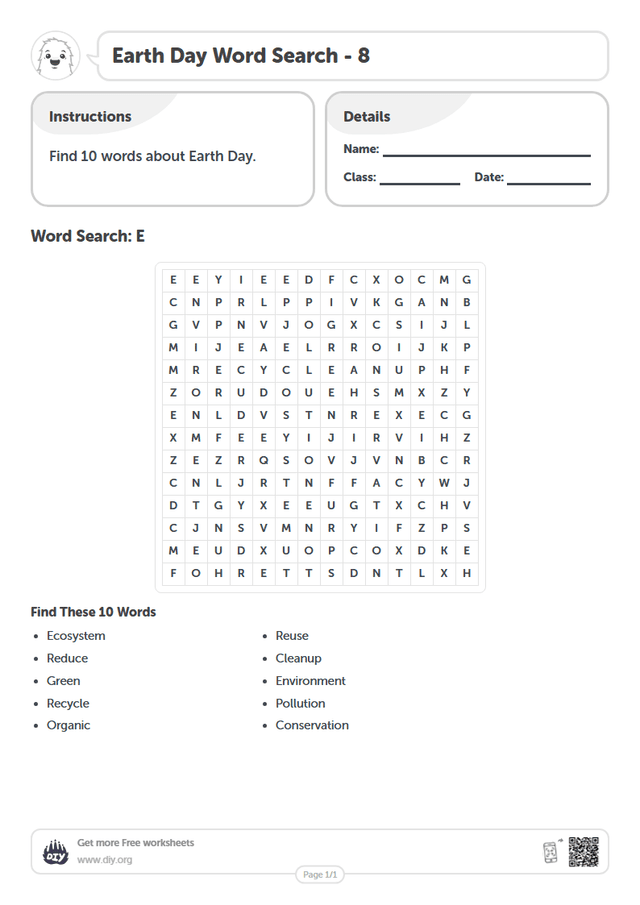 Earth Day Word Search page 1