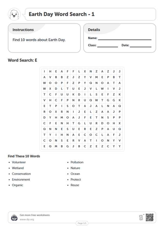 Earth Day Word Search page 1