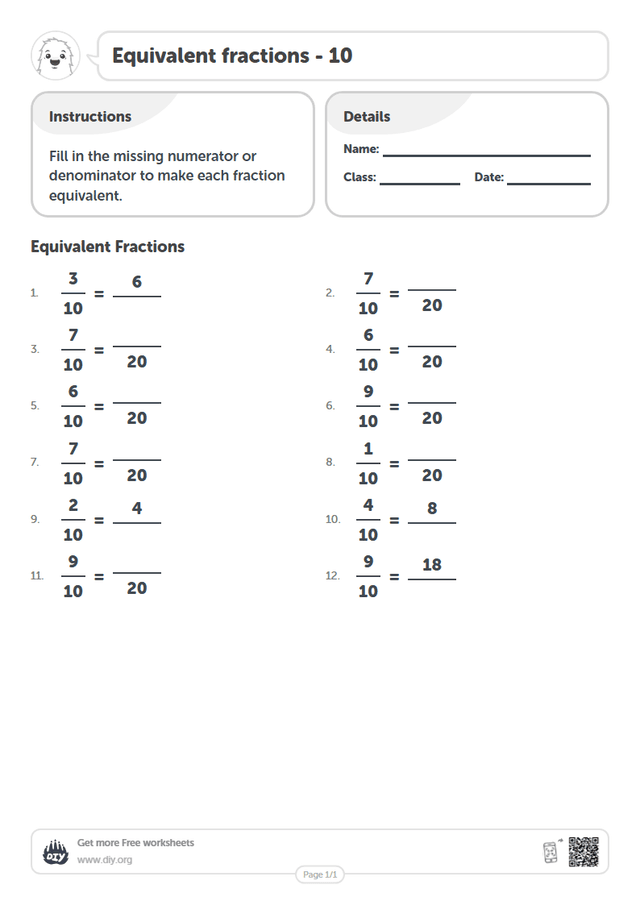 Equivalent fractions - 10 page 1