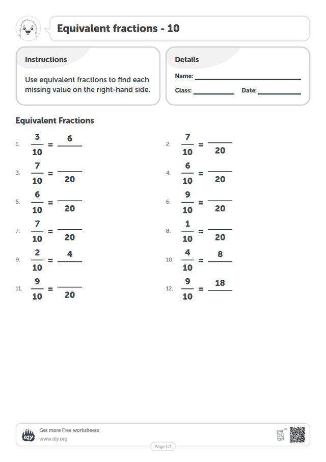 Equivalent fractions - 10 page 1