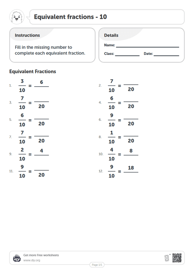 Equivalent fractions - 10 page 1