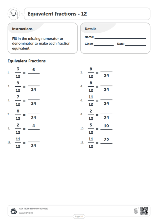 Equivalent fractions - 12 page 1