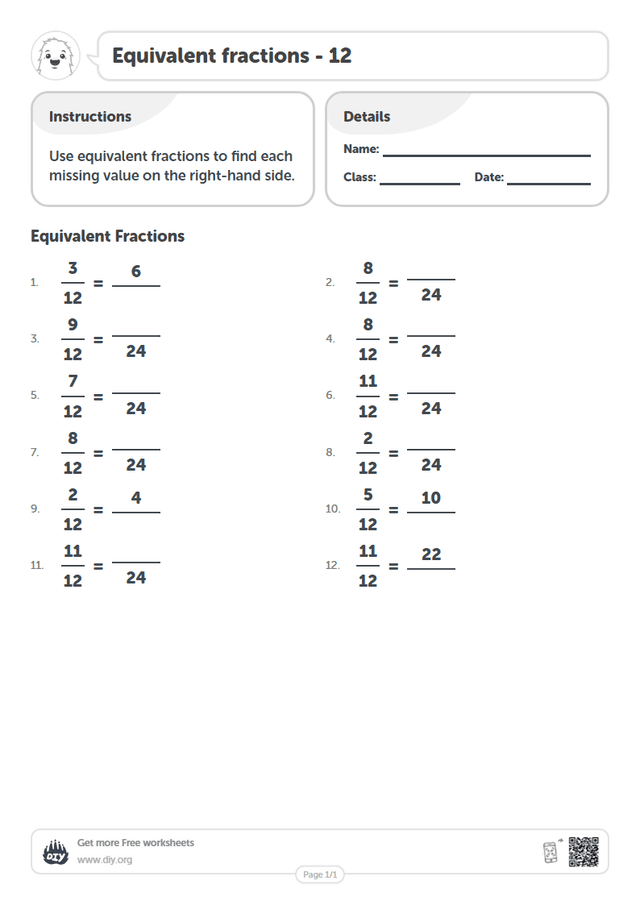 Equivalent fractions - 12 page 1