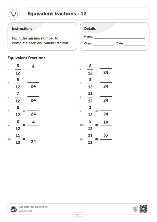 Equivalent fractions - 12 page 1