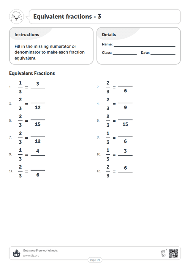 Equivalent fractions - 3 page 1