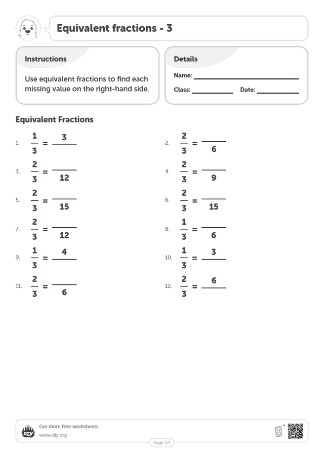 Equivalent fractions - 3 page 1