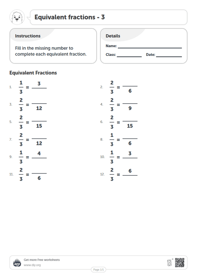 Equivalent fractions - 3 page 1