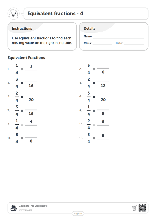 Equivalent fractions - 4 page 1