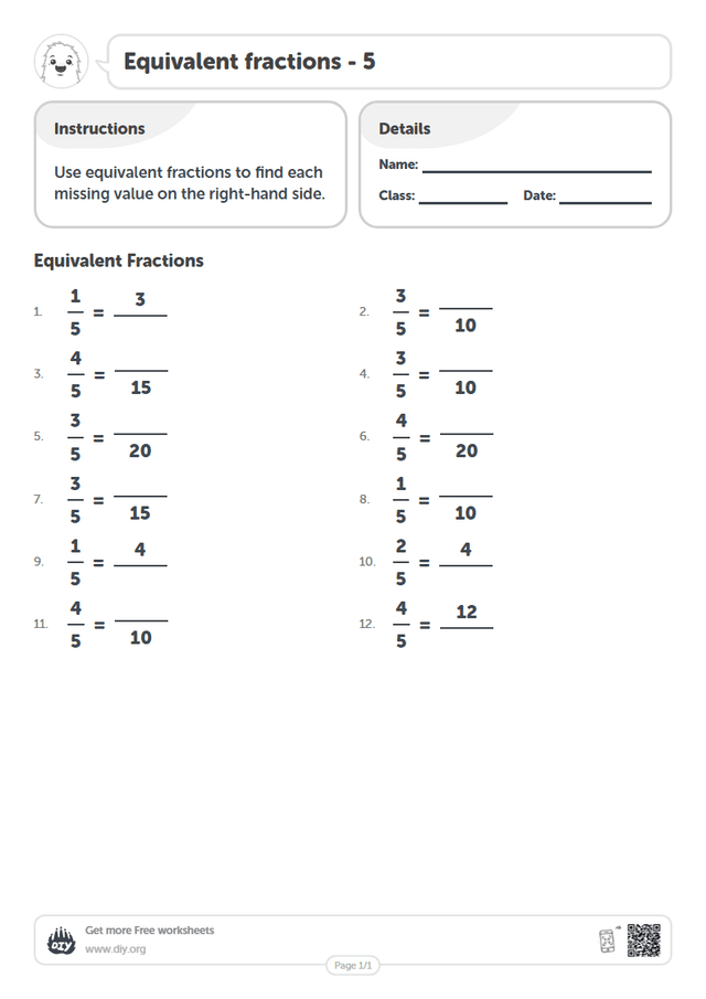 Equivalent fractions - 5 page 1