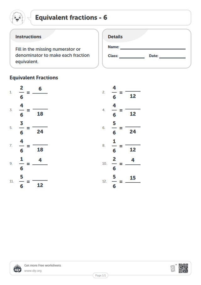 Equivalent fractions - 6 page 1