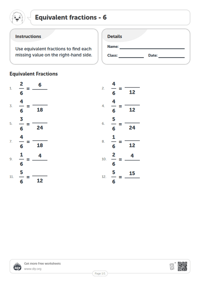 Equivalent fractions - 6 page 1