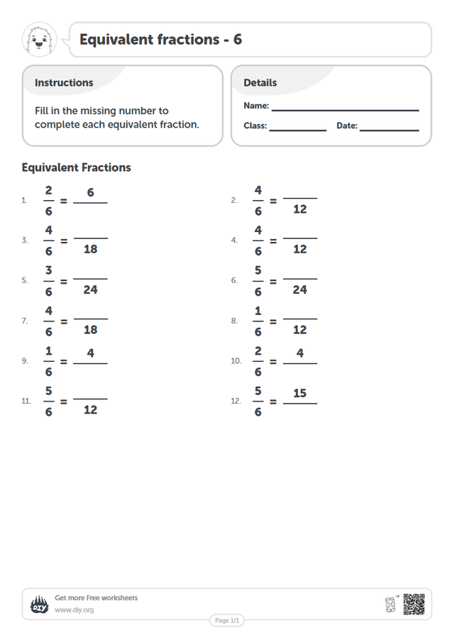 Equivalent fractions - 6 page 1