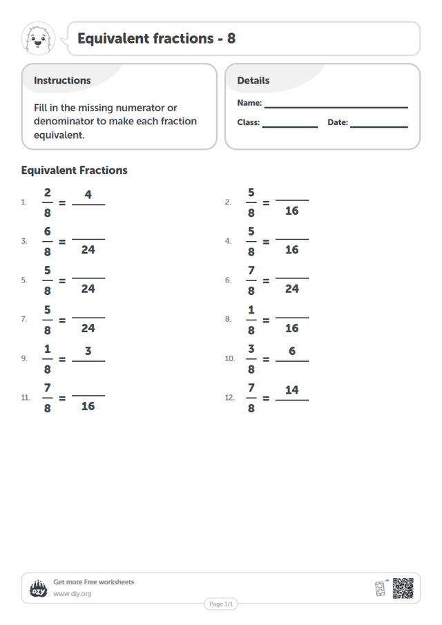 Equivalent fractions - 8 page 1