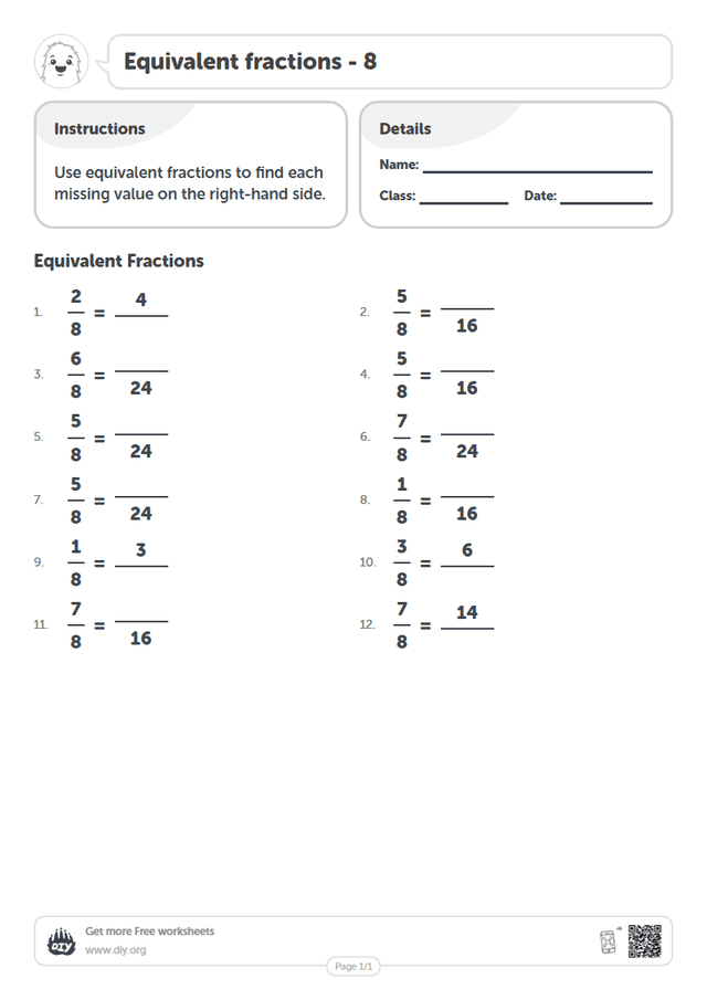 Equivalent fractions - 8 page 1