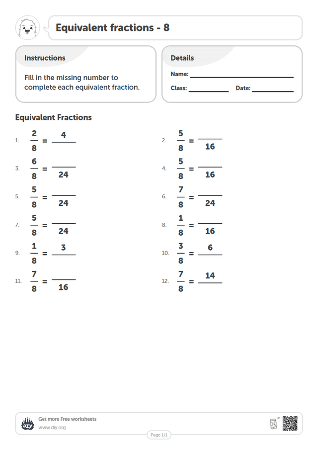 Equivalent fractions - 8 page 1