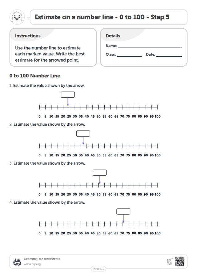 Estimate on a number line - 0 to 100 - Step 5 page 1