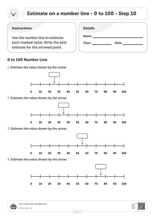 Estimate on a number line - 0 to 100 - Step 10 page 1