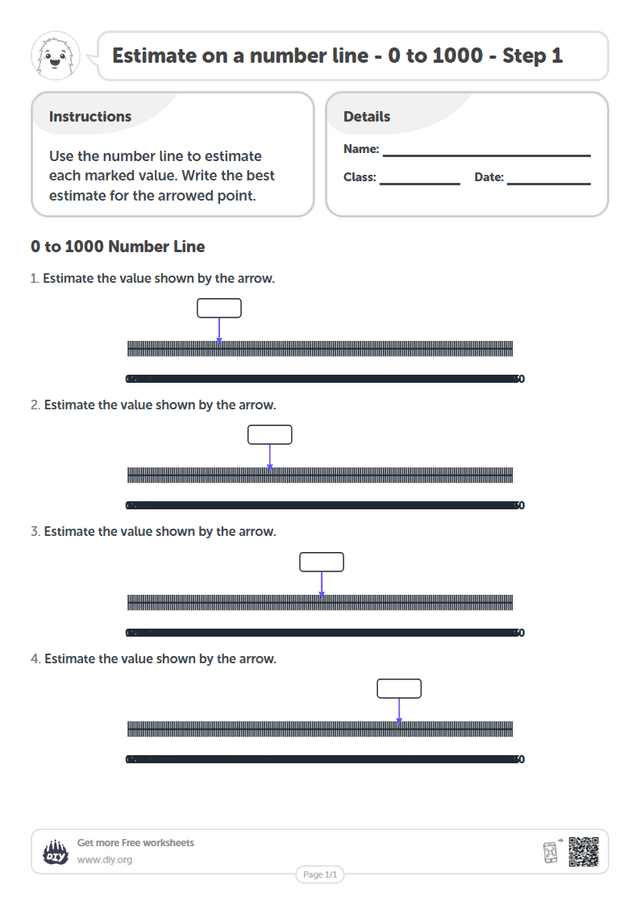 Estimate on a number line - 0 to 1000 - Step 1 page 1