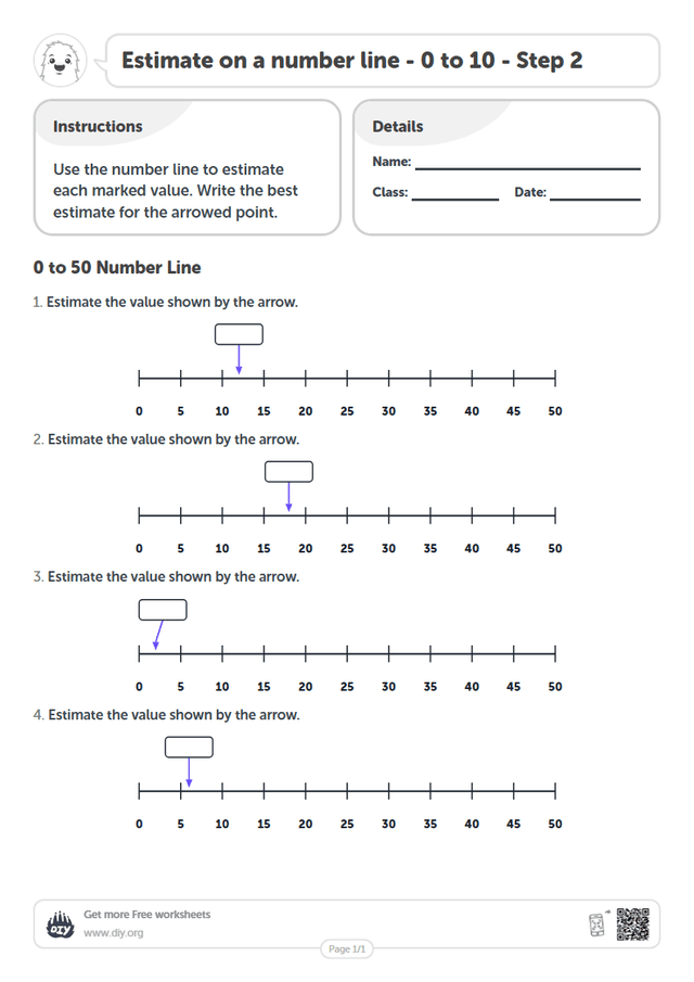 Estimate on a number line - 0 to 10 - Step 2 page 1