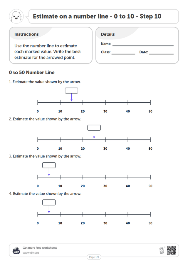 Estimate on a number line - 0 to 10 - Step 10 page 1