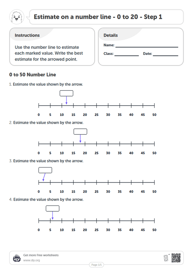 Estimate on a number line - 0 to 20 - Step 1 page 1