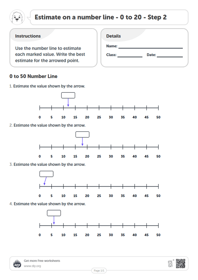 Estimate on a number line - 0 to 20 - Step 2 page 1