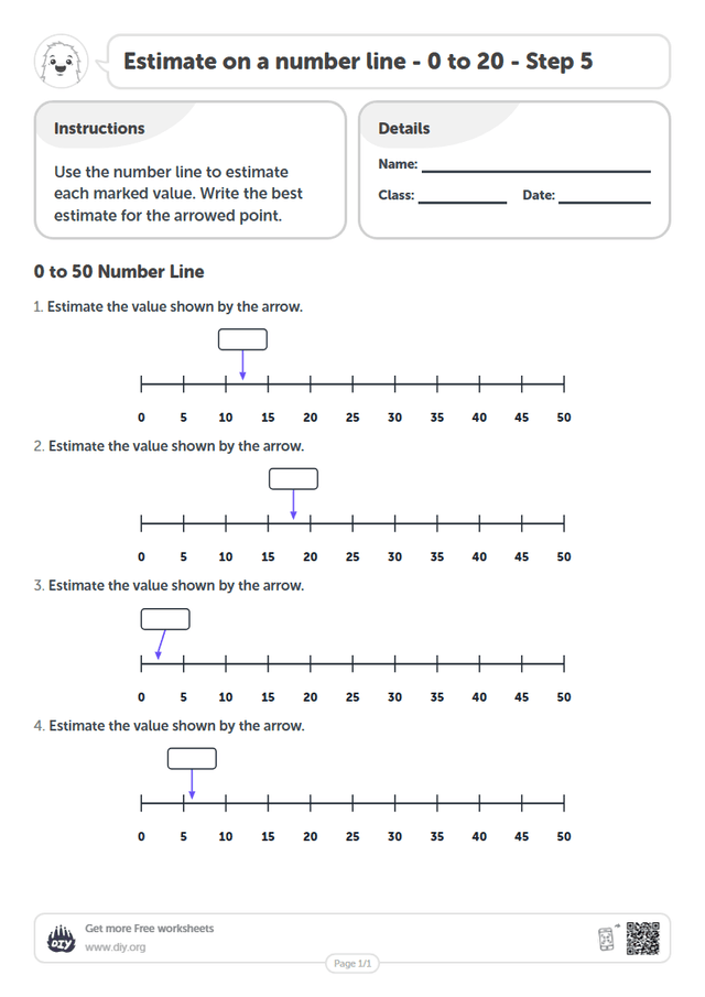 Estimate on a number line - 0 to 20 - Step 5 page 1