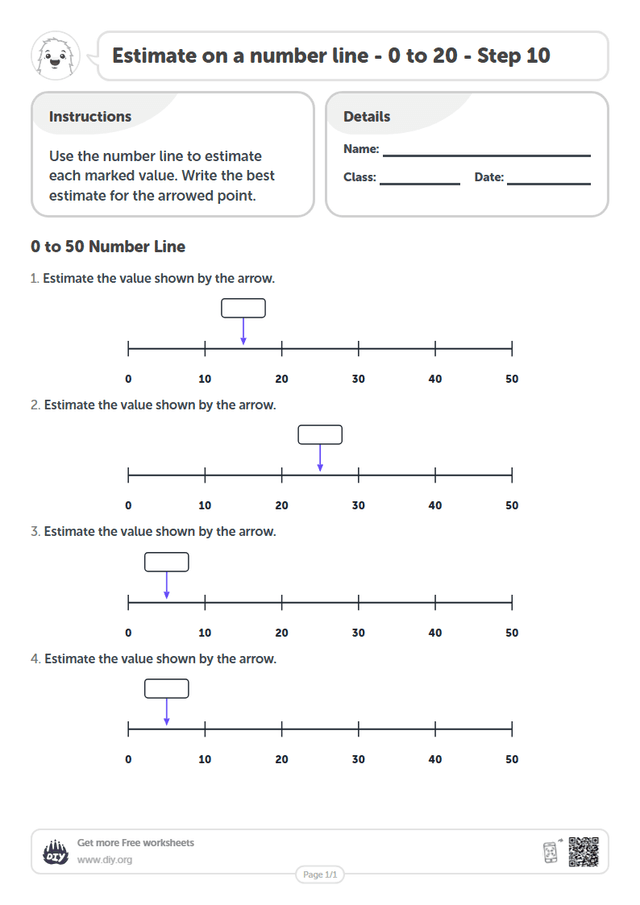 Estimate on a number line - 0 to 20 - Step 10 page 1