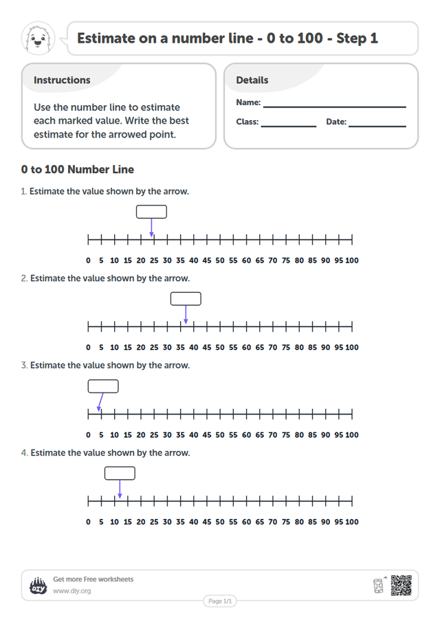 Estimate on a number line - 0 to 100 - Step 1 page 1