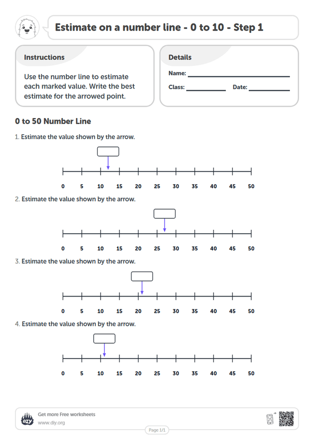 Estimate on a number line - 0 to 10 - Step 1 page 1