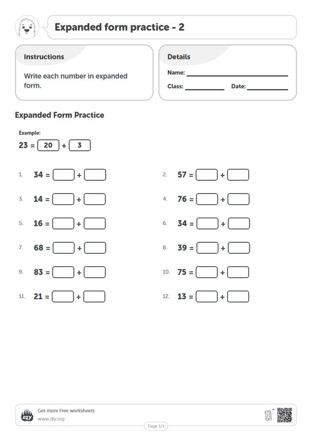 Expanded form practice - 2 page 1