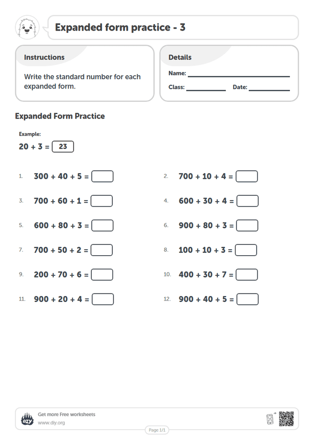 Expanded form practice - 3 page 1