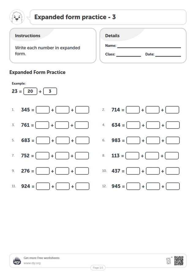 Expanded form practice - 3 page 1