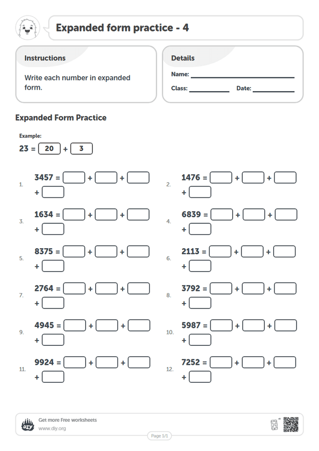 Expanded form practice - 4 page 1