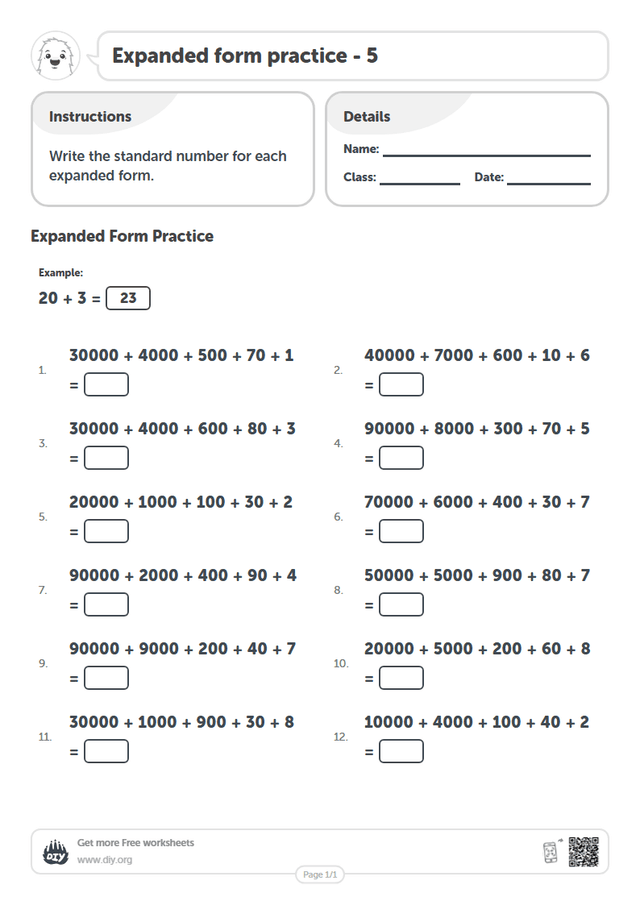 Expanded form practice - 5 page 1
