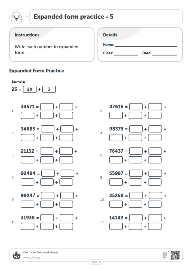 Expanded form practice - 5 page 1