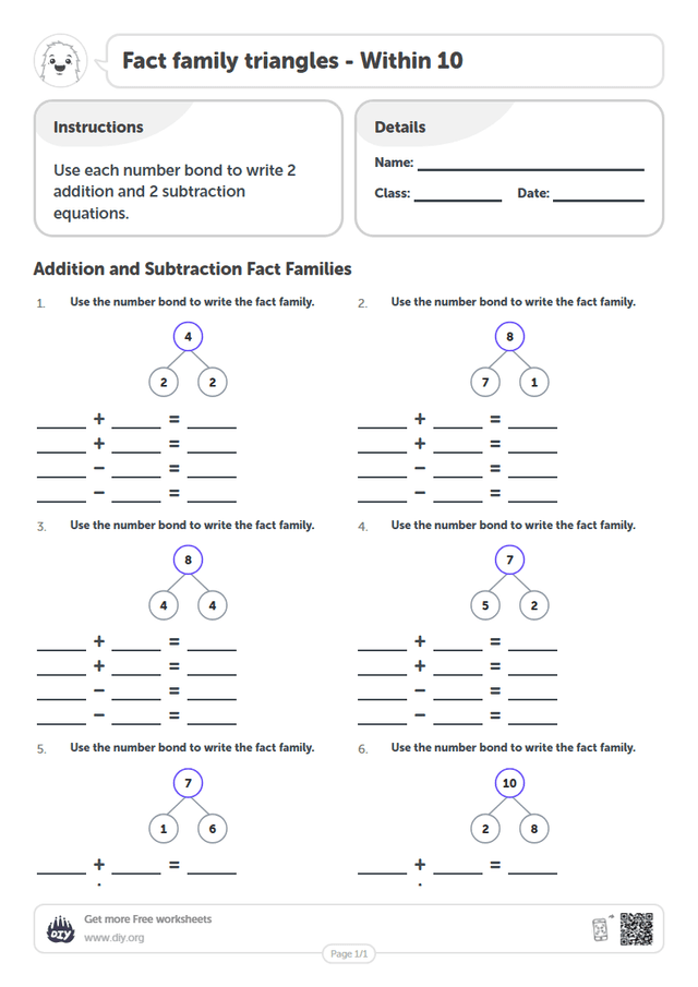 Fact family triangles - Within 10 page 1