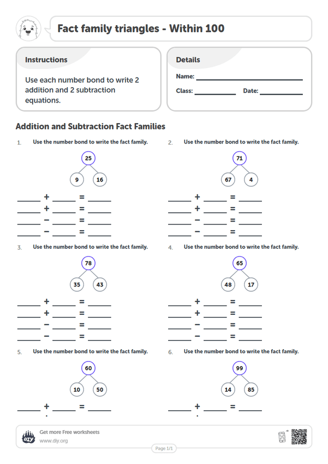 Fact family triangles - Within 100 page 1