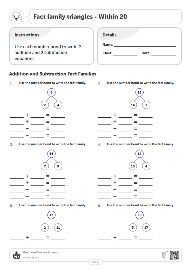 Fact family triangles - Within 20 page 1