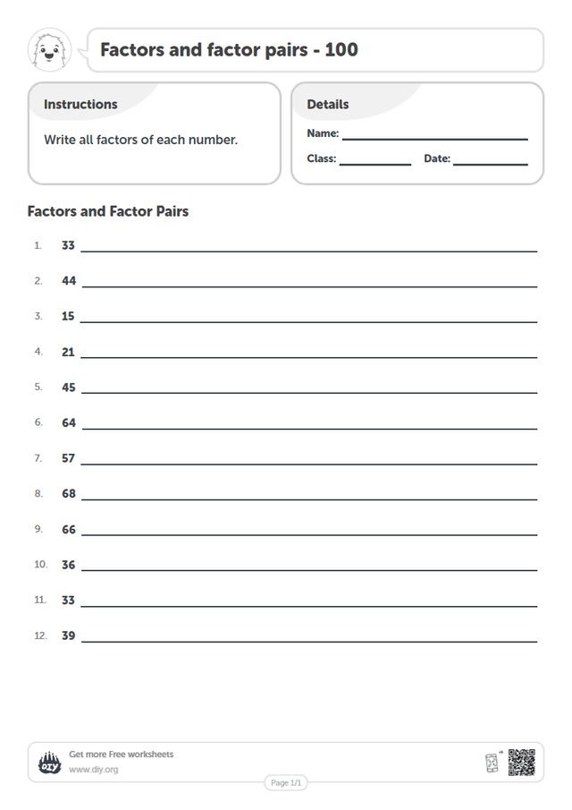 Factors and factor pairs - 100 page 1