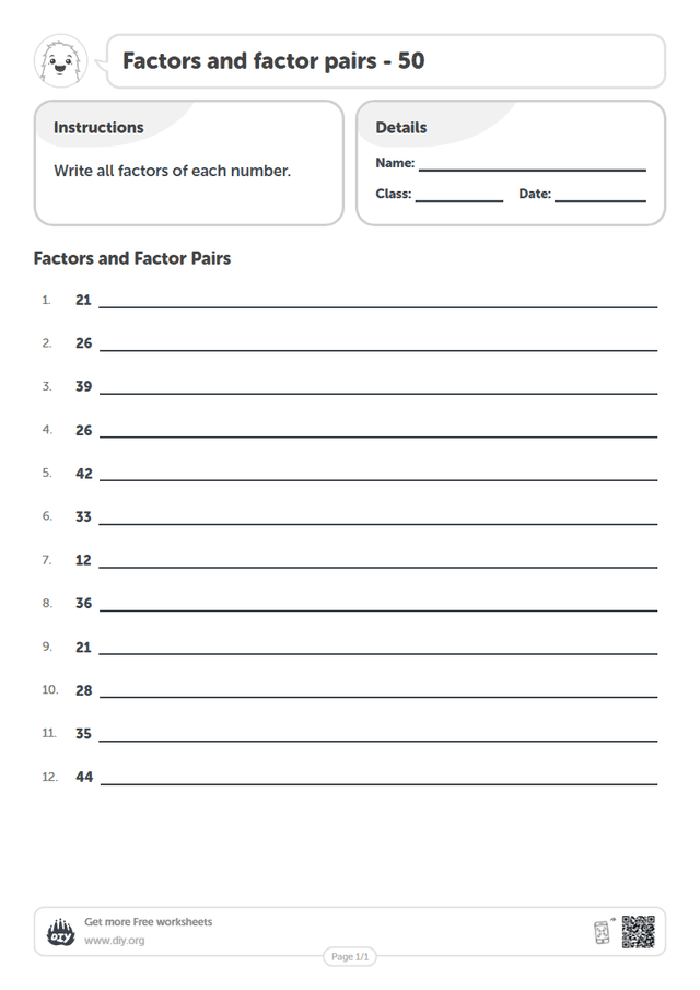 Factors and factor pairs - 50 page 1