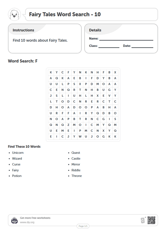 Fairy Tales Word Search page 1