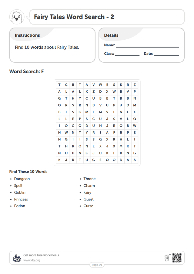 Fairy Tales Word Search page 1