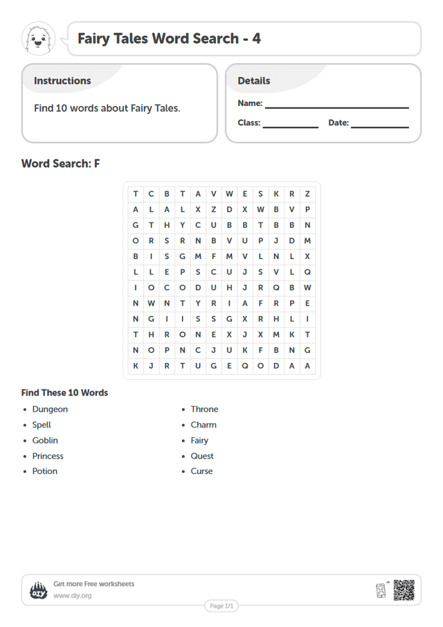 Fairy Tales Word Search page 1